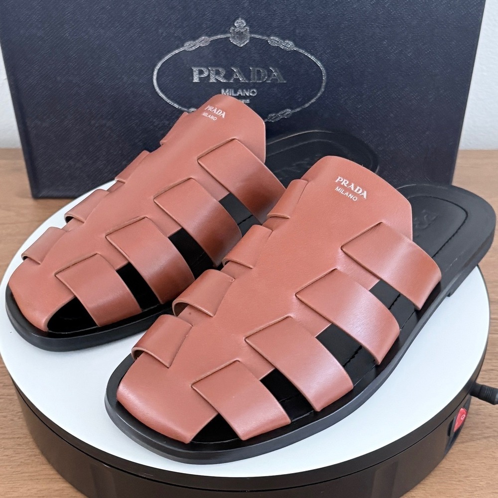 Prada Milano Leather Fisherman Slides Cognac Brown Mens Sandals Luxury USsiz 8.5